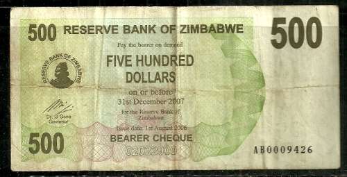 2007 Zimbabwe $500 Bearer Cheque PR Used