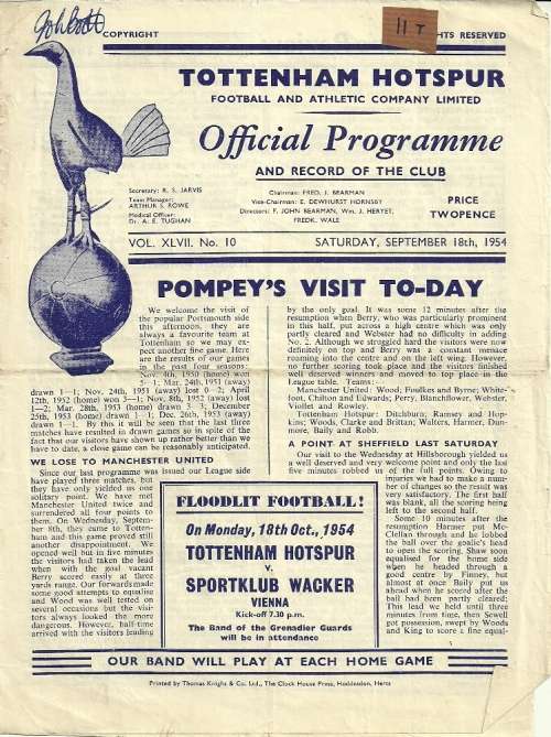 Tottenham Hotspur v Portsmouth 1954/55 Div. 1 Match Programme