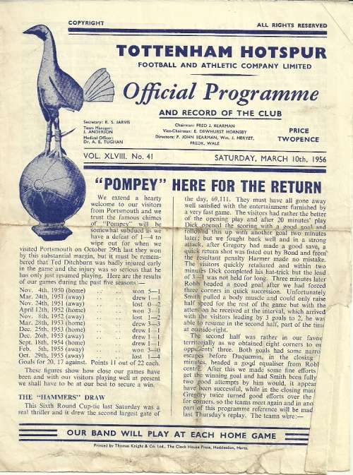 Tottenham Hotspur v Portsmouth 1955/56 Div. 1 Match Programme