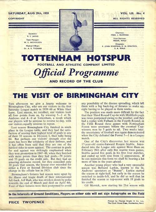 Tottenham Hotspur v Birmingham City 1959/60 Div. 1 Match Programme