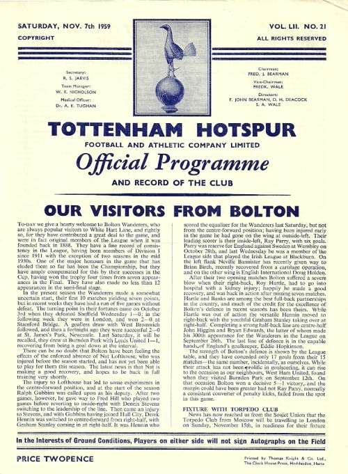 Tottenham Hotspur v Bolton Wanderers 1959/60 Div. 1 Match Programme