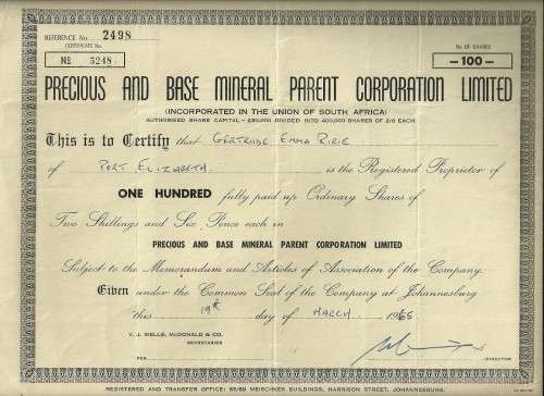 Precious and Base Mineral Parent Corp. Ltd Share Certificate - dated 1965