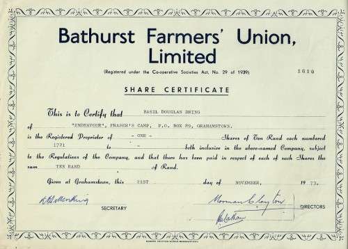 Bathurst Farmers Union Ltd Share Certificate - dated 1973
