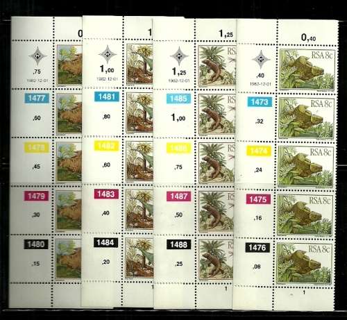South Africa - 1982 Prehistoric Animals Full Set of Control Blocks of 4 MNH
