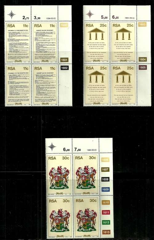 South Africa - 1984 New Constitution Full Set of Control Blocks of 4 MNH