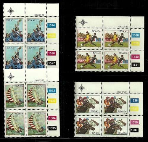 South Africa - 1983 Sport Activities in S.A. Full Set of Control Blocks of 4 MNH