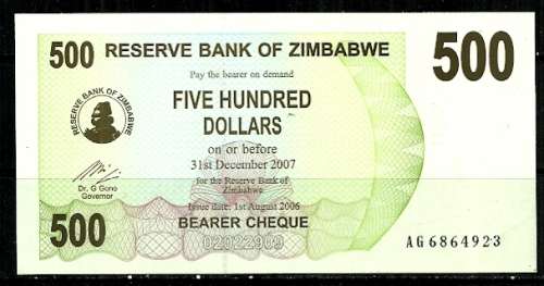 2006 Zimbabwe $500 Bearer Cheque UNC