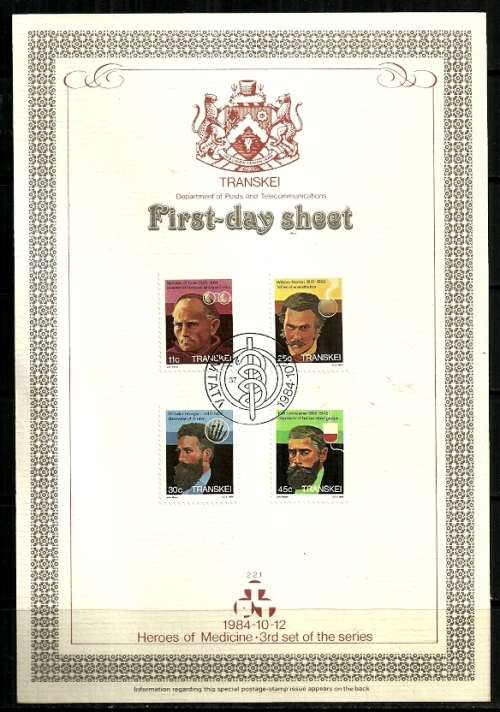 Transkei - 1984 Heroes of Medicine - 3rd set of the series First Day Sheet