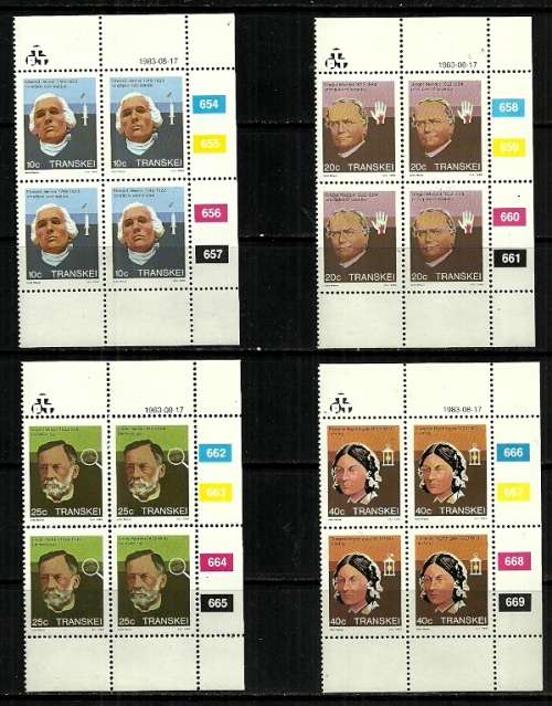 Transkei - 1983 Heros of Medicine - 2nd Series Full Set of Control Blocks of 4s MNH