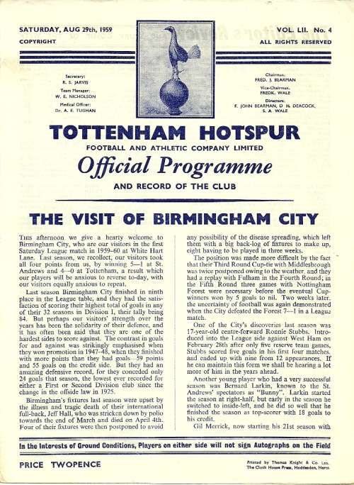Tottenham Hotspur v Birmingham City 1959/60 Div. 1 Match Programme