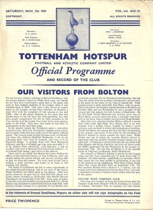 Tottenham Hotspur v Bolton Wanderers 1959/60 Div. 1 Match Programme