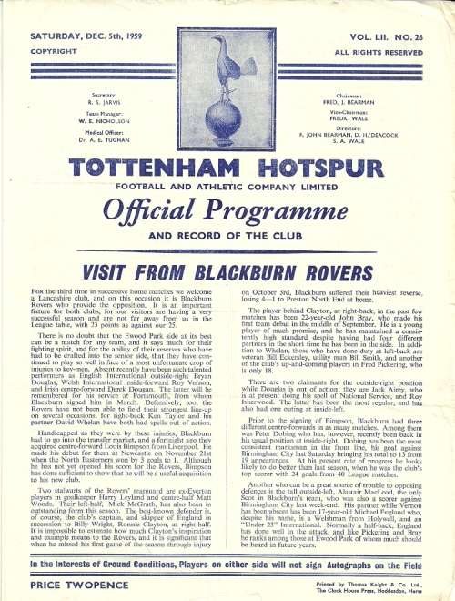 Tottenham Hotspur v Blackburn Rovers 1959/60 Div. 1 Match Programme