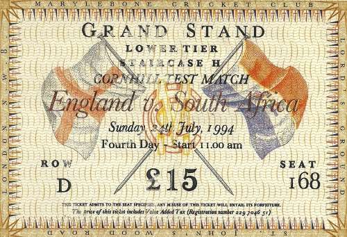 England v South Africa 1994 Cricket 1st Test, 4th Day Used Ticket