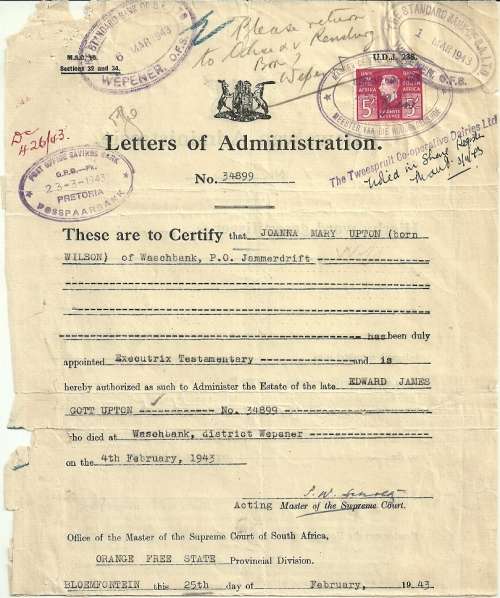 Union of South Africa 1943 Letter of Administration Document with Revenue Stamps