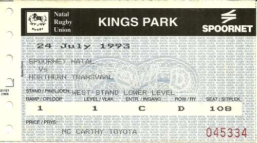 Natal v Northern Transvaal 1993 Currie Cup Match Ticket