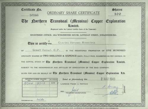 The Northern Transvaal ( Messina ) Copper Exploration Limited Share Certificate - dated 1949