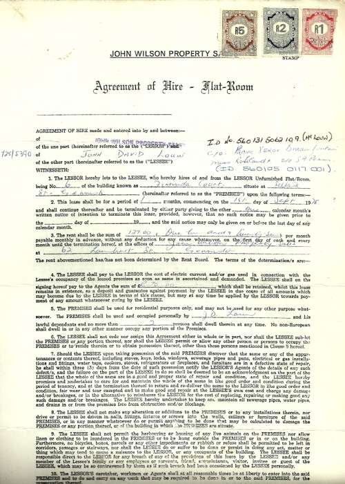 South Africa 1978 Agreement of Hire Flat-Room with Revenue Stamps
