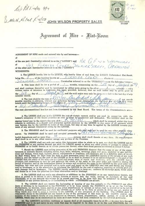 South Africa 1979 Agreement of Hire Flat-Room with Revenue Stamps