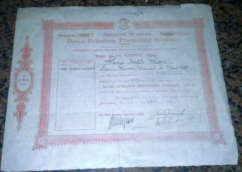 Devon Petroleum Prospecting Syndicate Share Certificate - dated 1930
