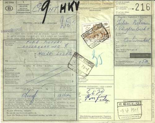 Belgium - 1960s Railway Bill with Stamp