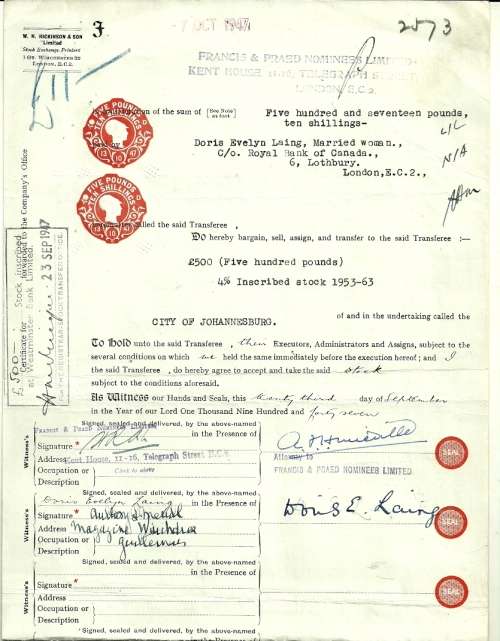 United Kingdom 1947 Transfer of Shares of Stock Document with Revenue Stamp