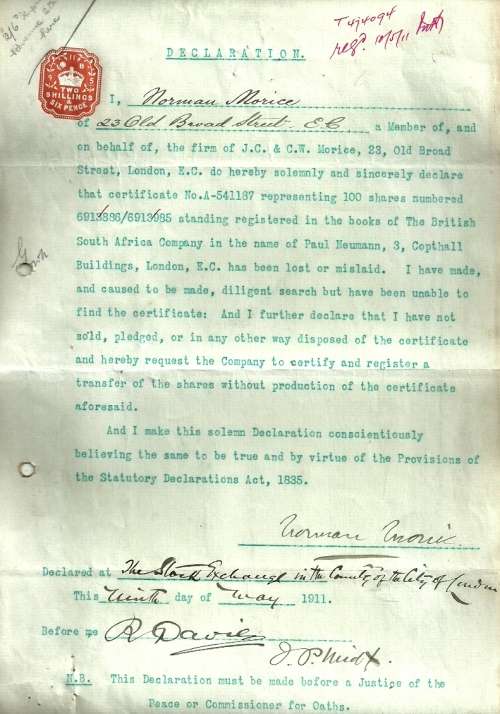 United Kingdom 1911 Decleration for the loss of Shares Certificate Document with Revenue Stamp
