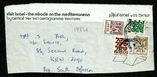 Israel - 1984 Aerogramme by Airmail Posted to Johannesburg, South Africa