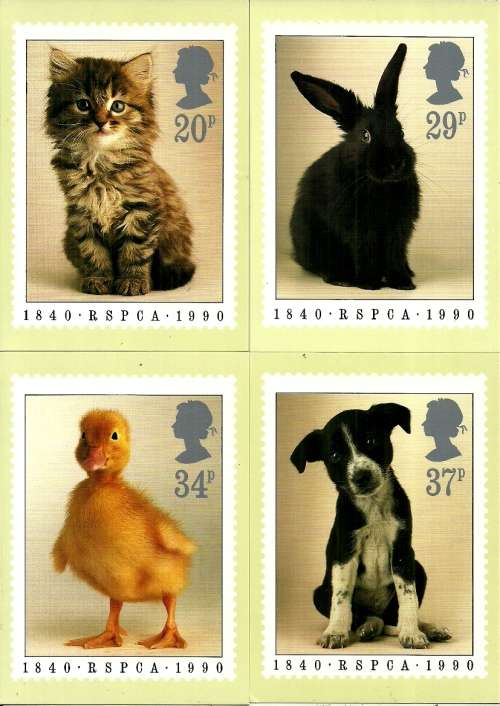 Great Britain - 1990 Prevention of Cruelty to Animals Full Set of 4 PHQ Stamp Cards
