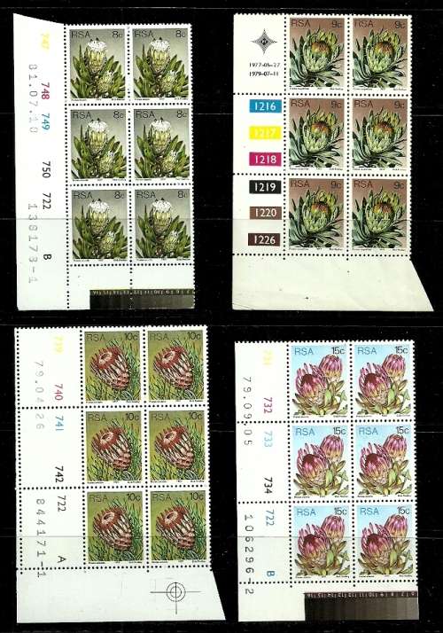 South Africa - 1976 Protea 8c, 9c, 10c & 11c Control Blocks of 6 MNH