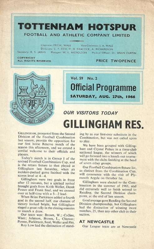 Tottenham Hotspur Reserves v Gillingham Reserves 1966 Combination Cup Match Programme