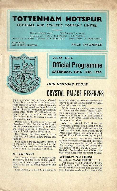 Tottenham Hotspur Reserves v Crystal Palace Reserves 1966 Combination Cup Match Programme