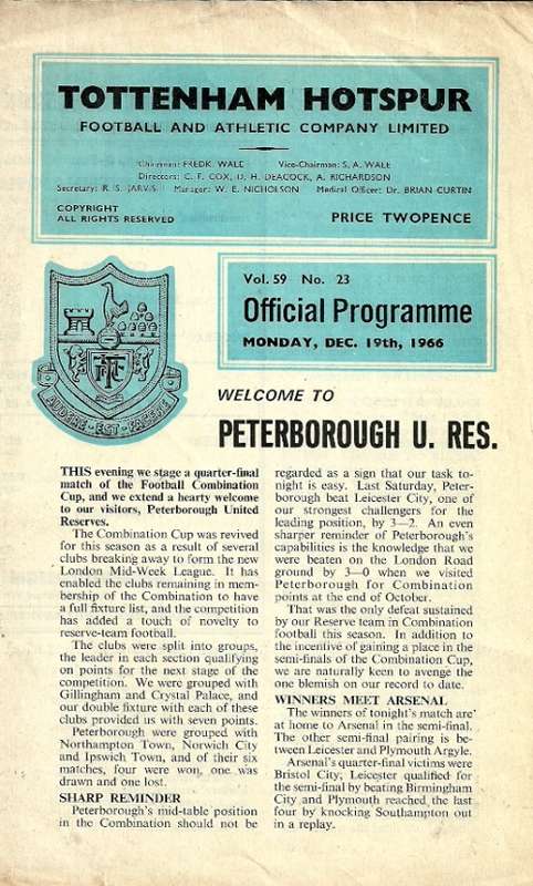 Tottenham Hotspur Reserves v Peterborough Reserves 1966 Combination Cup 1/4 Final Match Programme