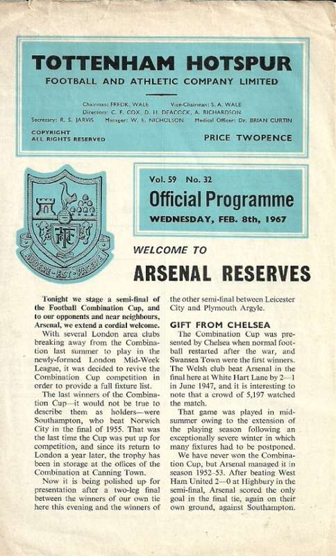 Tottenham Hotspur Reserves v Arsenal Reserves 1967 Combination Cup Semi Final Match Programme
