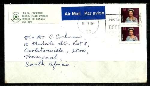 Canada - 1989 Letter Addressed to Carletonville, Johannesburg, South Africa