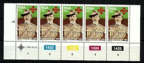 South Africa - 1982 75th Anniversary of Boy Scout Movement Control Strip of 5 MNH