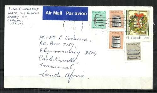 Canada - 1988 Letter Posted to Carletonville, South Africa