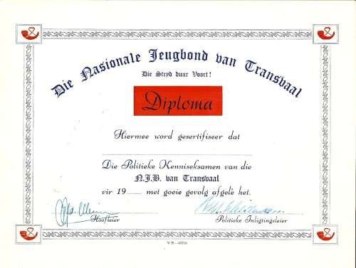 The National Youth Association of Transvaal - Certificate of Political Knowledge Diploma