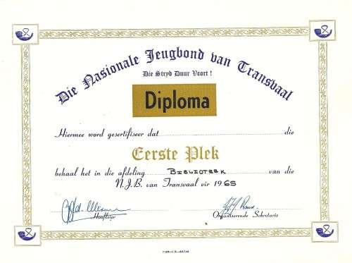 The National Youth Association of Transvaal - 1965 Certificate of 1st Place Diploma