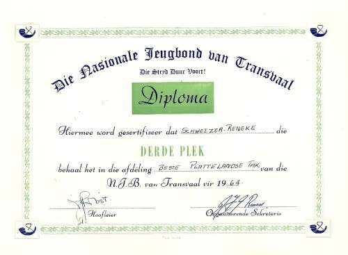 The National Youth Association of Transvaal - 1964 Certificate of 3rd Place Diploma
