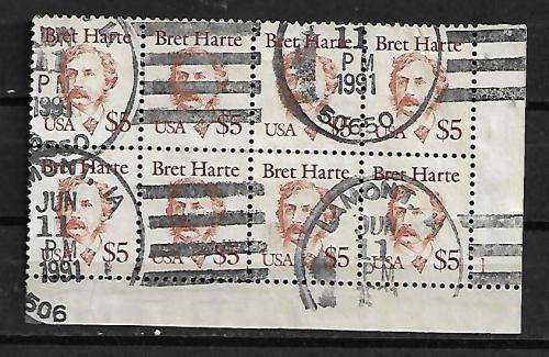 USA - 1991 $5 Bret Harte Block of 8 Stamps Used