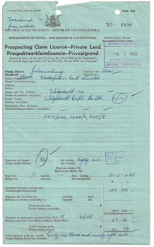 South African Prospecting Claim Licence Issued to Modderfontein Gold Mine - dated 1963