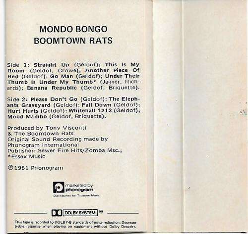 Mondo Bongo - Boomtown Rats Cassette Tape