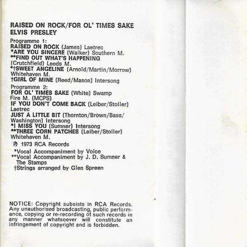 Elvis Presley - Raised On Rock / For Ol` Times Sake Cassette Tape