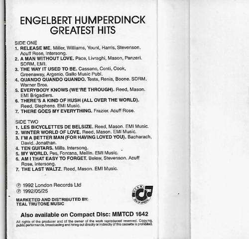 Engelbert Humperdinck Greatest Hits Cassette Tape