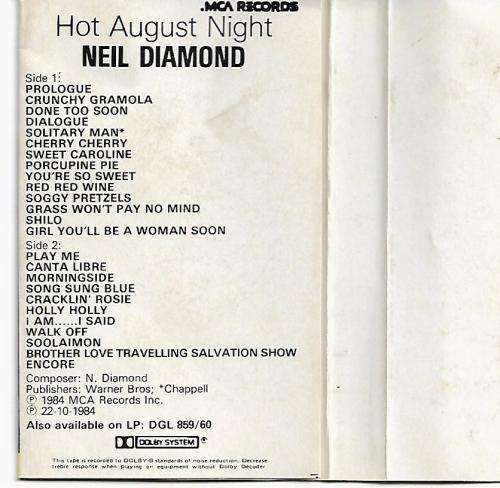 Neil Diamond - Hot August Night Cassette Tape