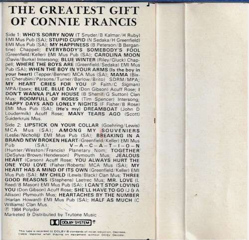 The Greatest Gift of Connie Francis Cassette Tape