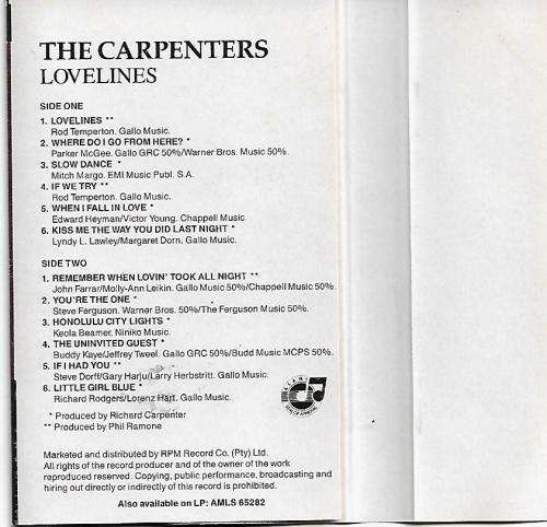 The Carpenters - Lovelines Cassette Tape