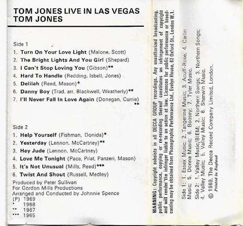 Tom Jones Live in Las Vegas Cassette Tape - UK Edition