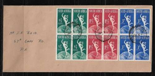 Union of South Africa - 1949 75th Anniversary of UPU Blocks of 4 Stamps on Cover