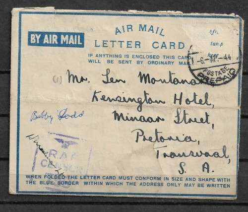 Great Britain - 1944 Air Mail Letter Card Posted from S.A.A.F. Base Camp to Pretoria, South Africa